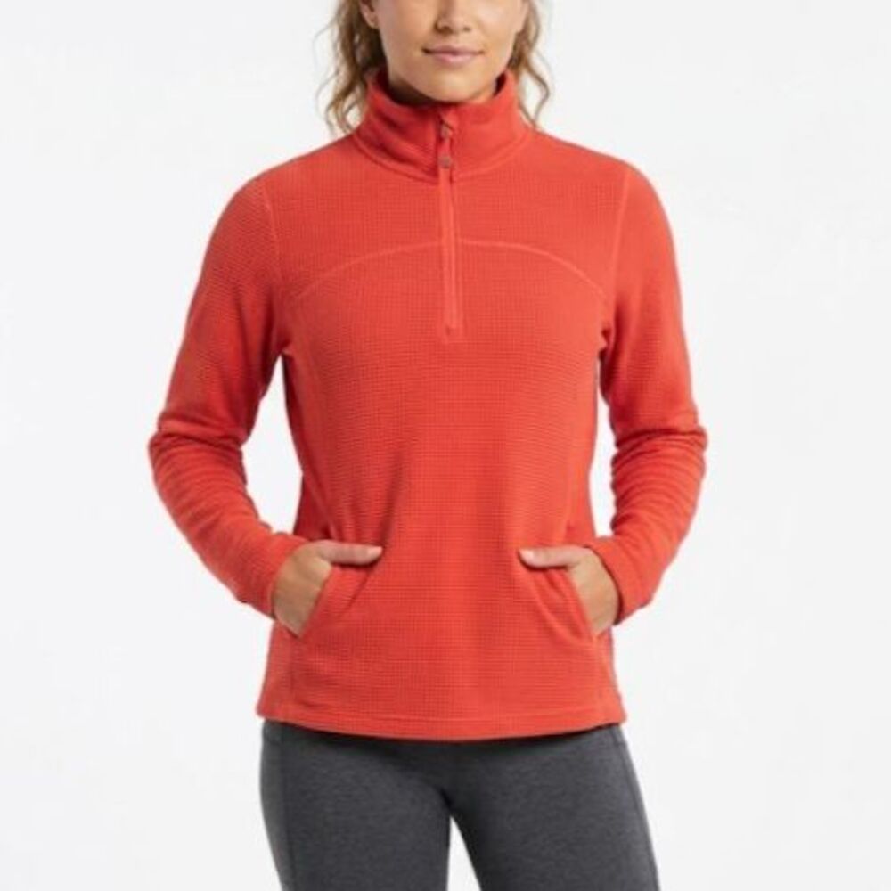 Fuda Women's Coral Orange Soft Waffle Textured 1/4 Zip Fleece Pullover Top Sz L